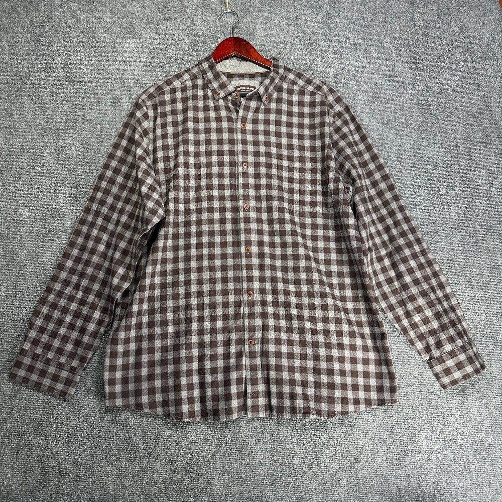 Johnston & Murphy Shirt Mens XL Button Down Plaid Gray Cotton Flannel Pocket